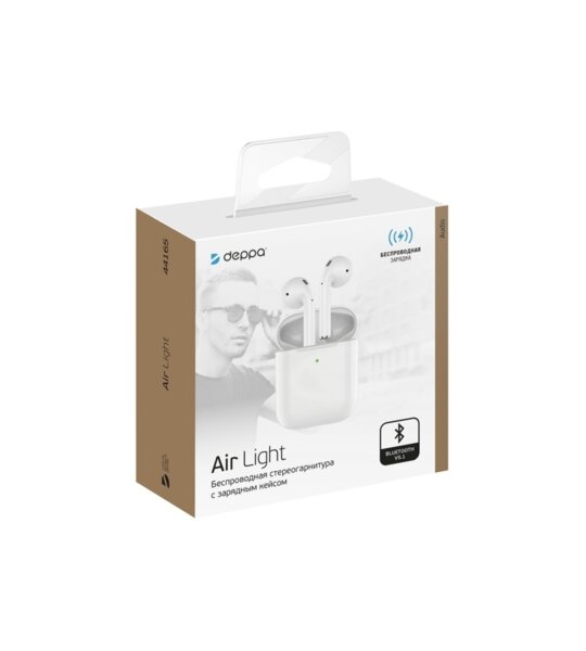 Bluetooth гарнитура Deppa Air Light TWS в зарядном футляре белая