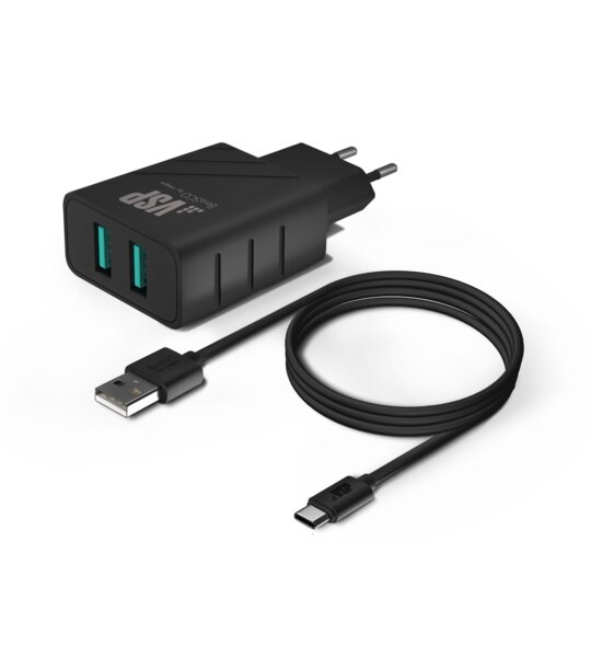 СЗУ 2.4A, 2usb, дата-кабель type-c, 1м, VSP, черный
