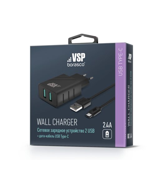 СЗУ 2.4A, 2usb, дата-кабель type-c, 1м, VSP, черный